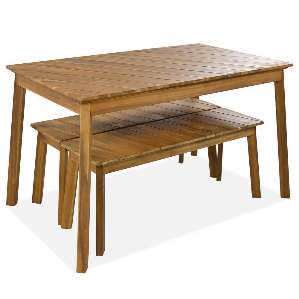  3-Piece Acacia Wood Rectangular Outdoor Dining Set, Wood Table with 2 Benches for Garden, Pool, Yard