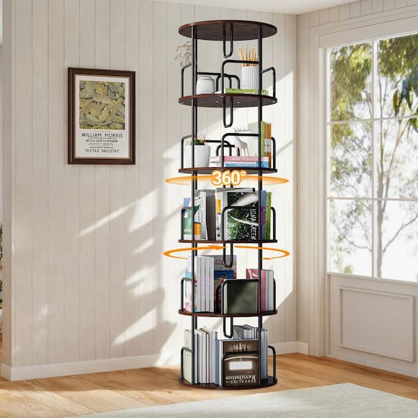 Emmett 62.2 in. Wide Walnut Brown Wood 5 Tier Revolving 360 Bookcase, Tall Bookcase