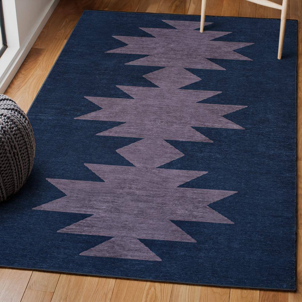 Navy and Purple Geometric Chenille 4' x 6' Washable Rug