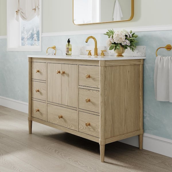 48 in. OAK Solid Wood Bath Vanity with Carrara White Quartz Top, Soft-Close Doors, Drawers, CUPC Certified, Assembled