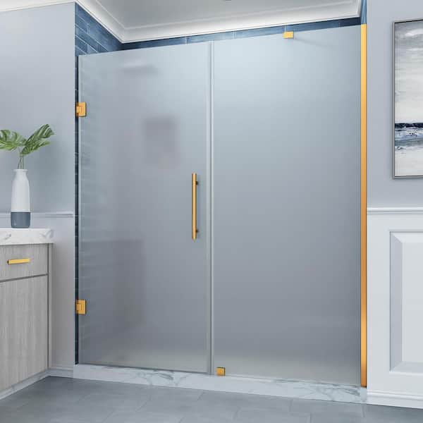Aston Belmore 69.25 - 70.25 in. W x 72 in. H Pivot Frameless Shower Door Frosted Glass in Brushed Gold