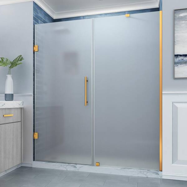 Aston Belmore 73.25 - 74.25 in. W x 72 in. H Pivot Frameless Shower Door Frosted Glass in Brushed Gold