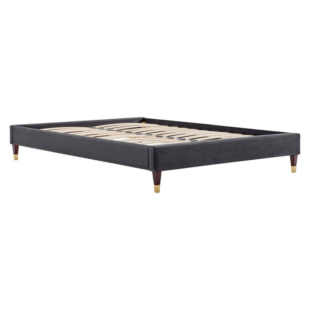 Glam Deco Charcoal Velvet Queen Platform Bed with Gold Accents