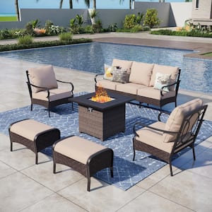 Black Rattan 6-Piece Steel Outdoor Patio Conversation Set with Beige Cushions & Square Wicker Fire Pit Table