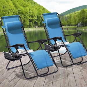Folding Zero Gravity Metal Frame Recliner Outdoor Lounge Chair With Side Tray, Adjustable Headrest in Lake Blue (2-pack）