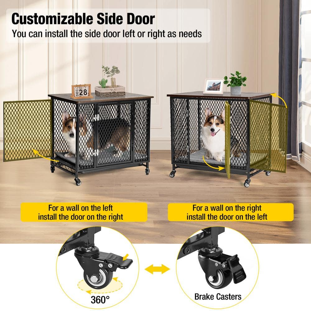 Rustic Brown and Black Metal Dog Crate with Cushion