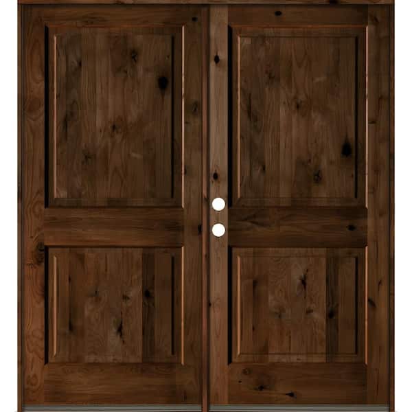 72 in. x 80 in. Rustic Knotty Alder 2-Panel Square Top Provincial Stain Right-Hand Wood Double Prehung Front Door