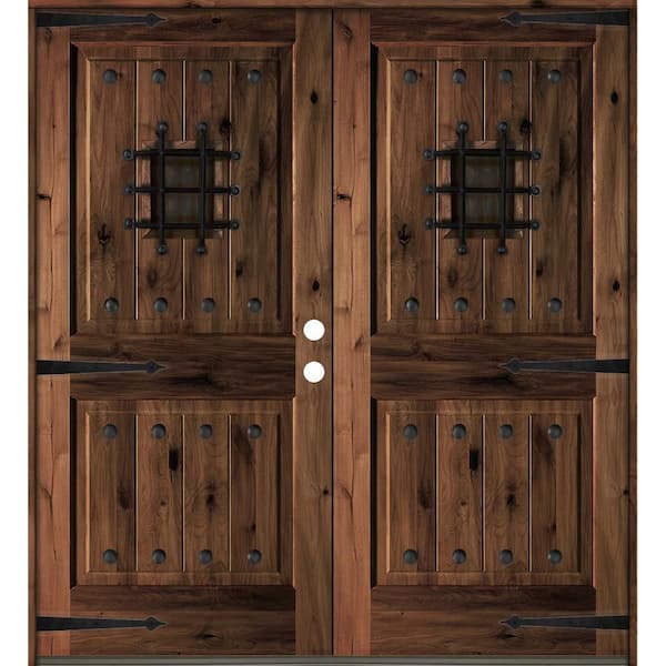 Krosswood Doors 72 in. x 80 in. Mediterranean Knotty Alder Square Top with Red Mahogony Stain Left-Hand Wood Double Prehung Front Door