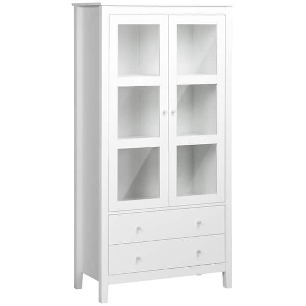 HOMCOM 63 in. White Kitchen Pantry, Freestanding Storage Cabinet with 3-Tier Shelves, Glass Doors and Soft Close Hinges