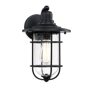 1-Light Outdoor Wall Light with Black Finish and Seed Glass Shade, 1xE26