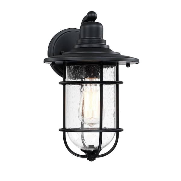 Hukoro 1-Light Outdoor Wall Light with Black Finish and Seed Glass Shade, 1xE26