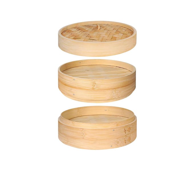 2-Tier Bamboo Steamer 10 qt. Natural Finish Bamboo Steaming Basket with Silicone Liners and Chopsticks Set