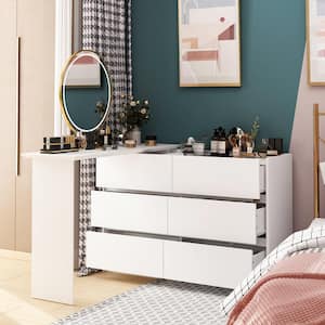 White Makeup Vanity Table Wood Dressing Desk With 6-Drawers, Rotatable Retractable Table