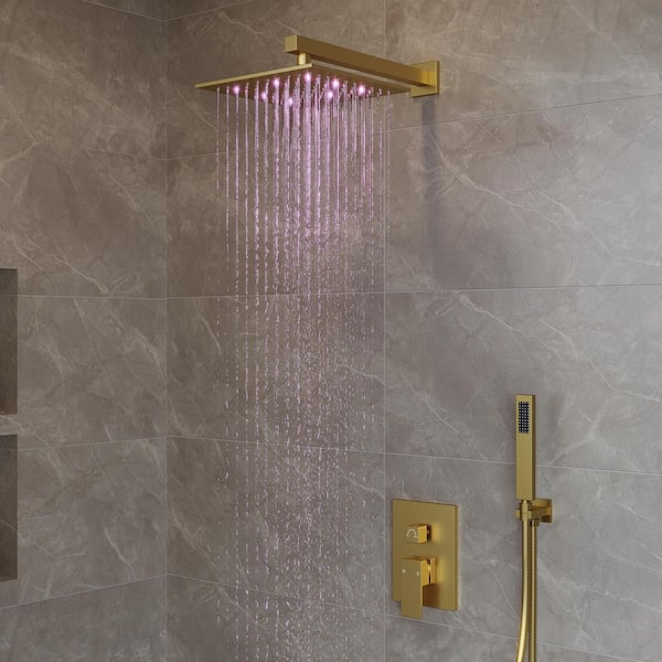 EVERSTEIN Single-Handle 2-Spray Square Wall Mount 10 in. Shower Faucet 2.5 GPM with Anti Scald LED and Handheld in. Brushed Gold