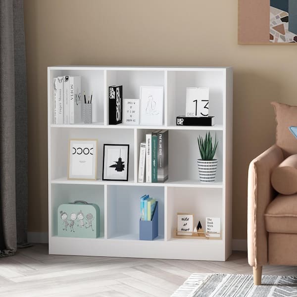 FUFU&GAGA 40.9 in. H x 39.4 W White Wood 8-Shelf Freestanding Standard Bookcase Display Bookshelf With Cubes