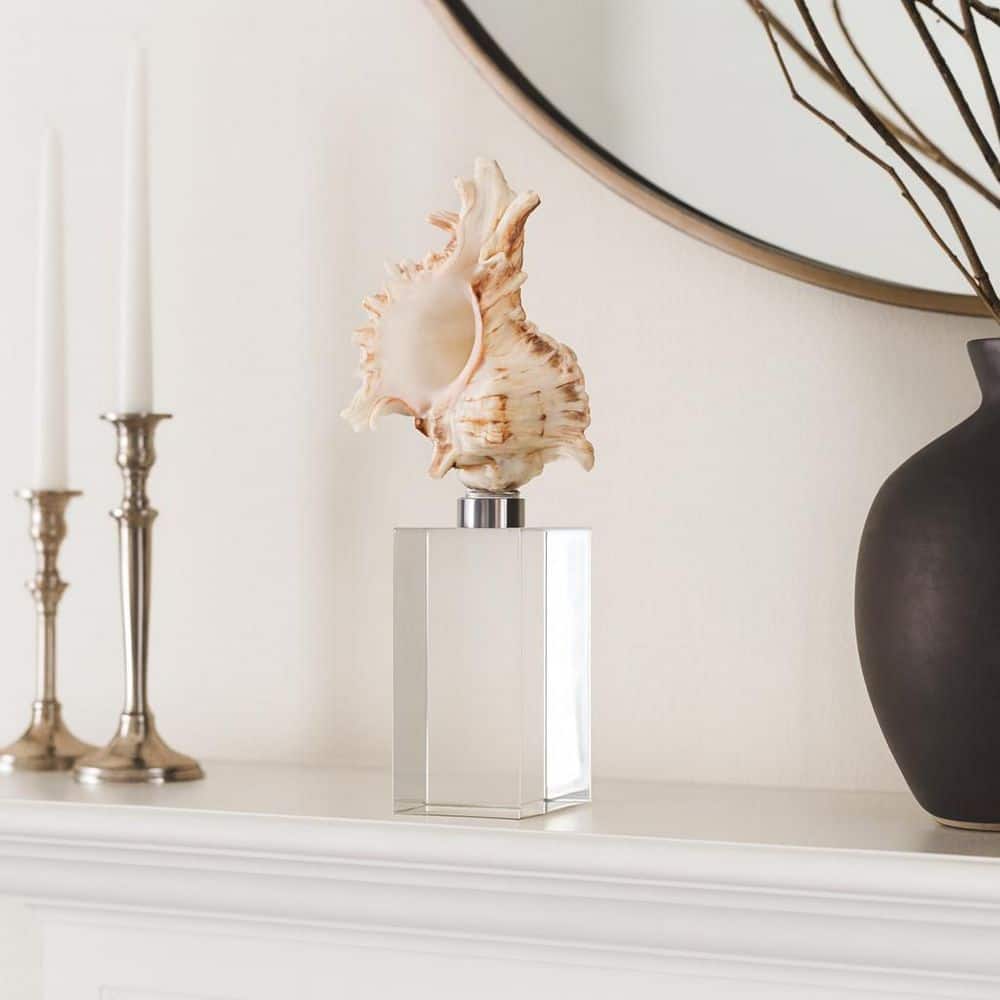 Ivory/Clear 3 in. x 8 in. Glass Decorative Shell Sculpture on Crystal Base