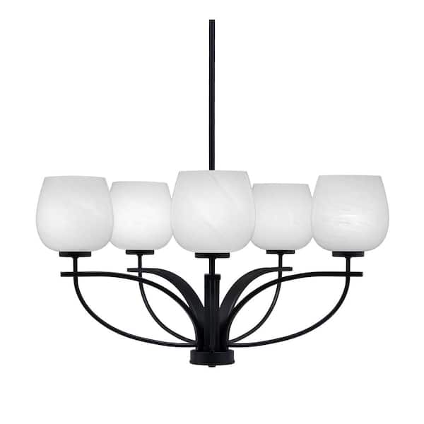 Unbranded Olympia 5-Light Matte Black Round Chandelier with 6 in. White Marble Glass Shades, No bulbs included