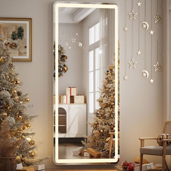 XRAMFY 20 in. W x 63 in. H LED Light Rectangular White Aluminum Alloy Framed Rounded Full Length Mirror Floor Mirror