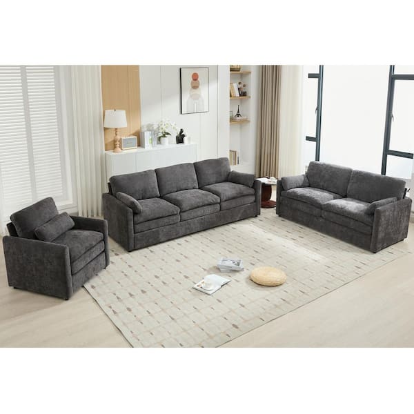 Norwyn Modern 3-Piece Grey Chenille Upholstered Living Room Sofa Set with Accent Chair and Pillows, 6 Seats
