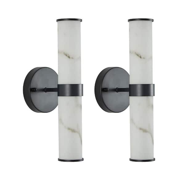 Jushua 13.8 in. 1-Light Resin Imitation Marble Texture Wall Light with Black Iron Metal Frame (2-Pack)