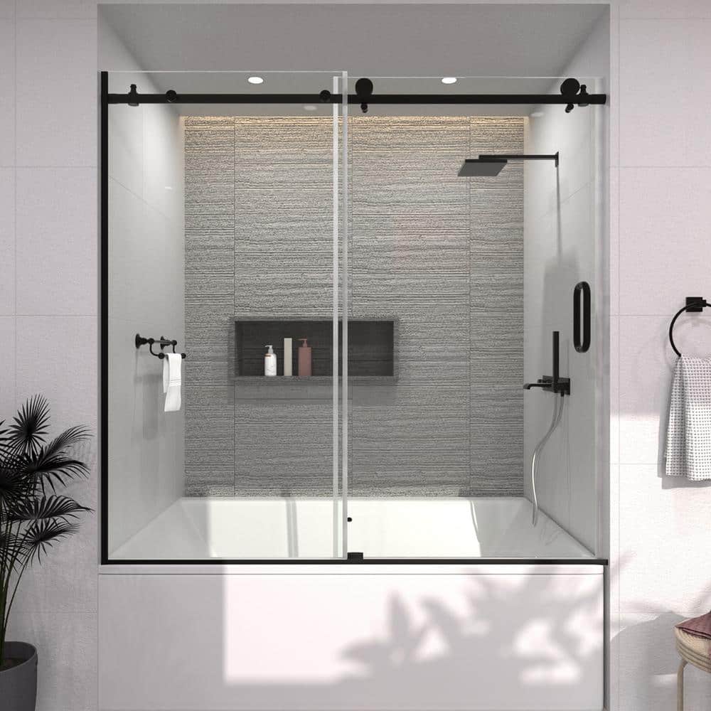 60'' Matte Black Semi-Frameless Sliding Tub Door with Clear Glass