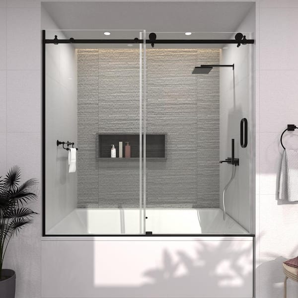 60 in. W x 60 in. H Sliding Semi Frameless Shower Door in Matte Black Finish