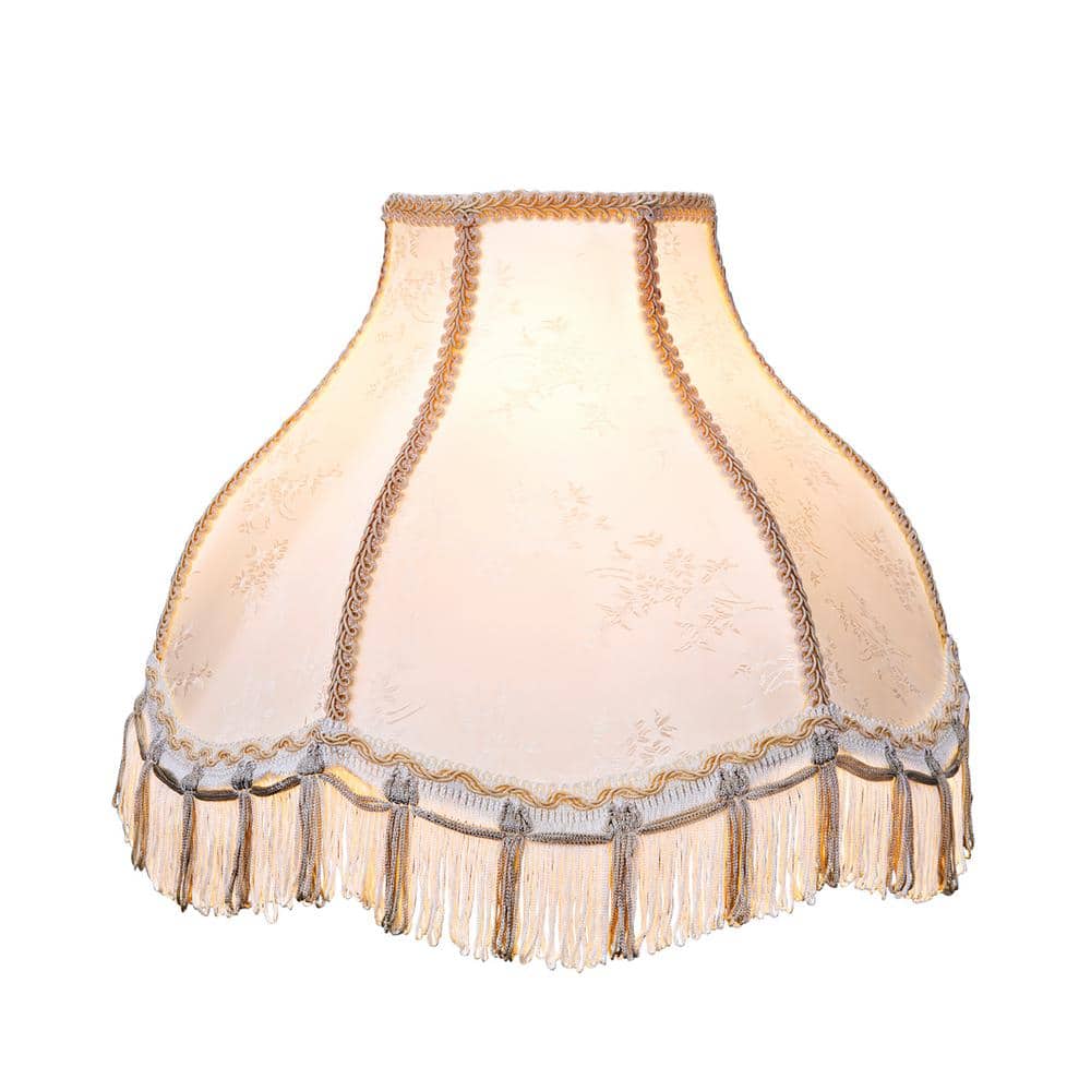 Ivory Jacquard Fabric Bell Lamp Shade with Fringe, 13"