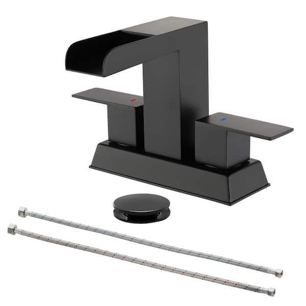 Fapully 4 in. Centerset Double Handle Bathroom Faucet with Drain Kit Included, Waterfall Bathroom Faucet in Matte Black