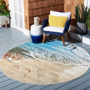 Barbados Gold/Blue 7 ft. x 7 ft. Nautical Beach Indoor/Outdoor Patio  Round Area Rug