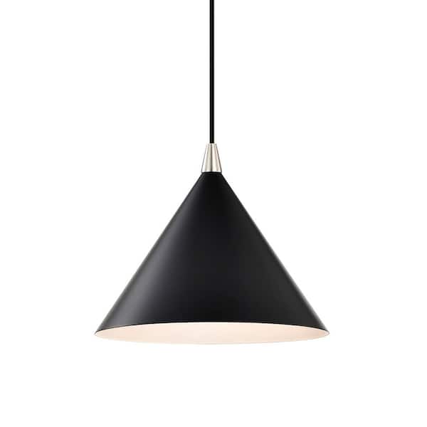 1-Light Matte Black and Brushed Nickel 10 in. Pendant Light with Cone Metal Shade