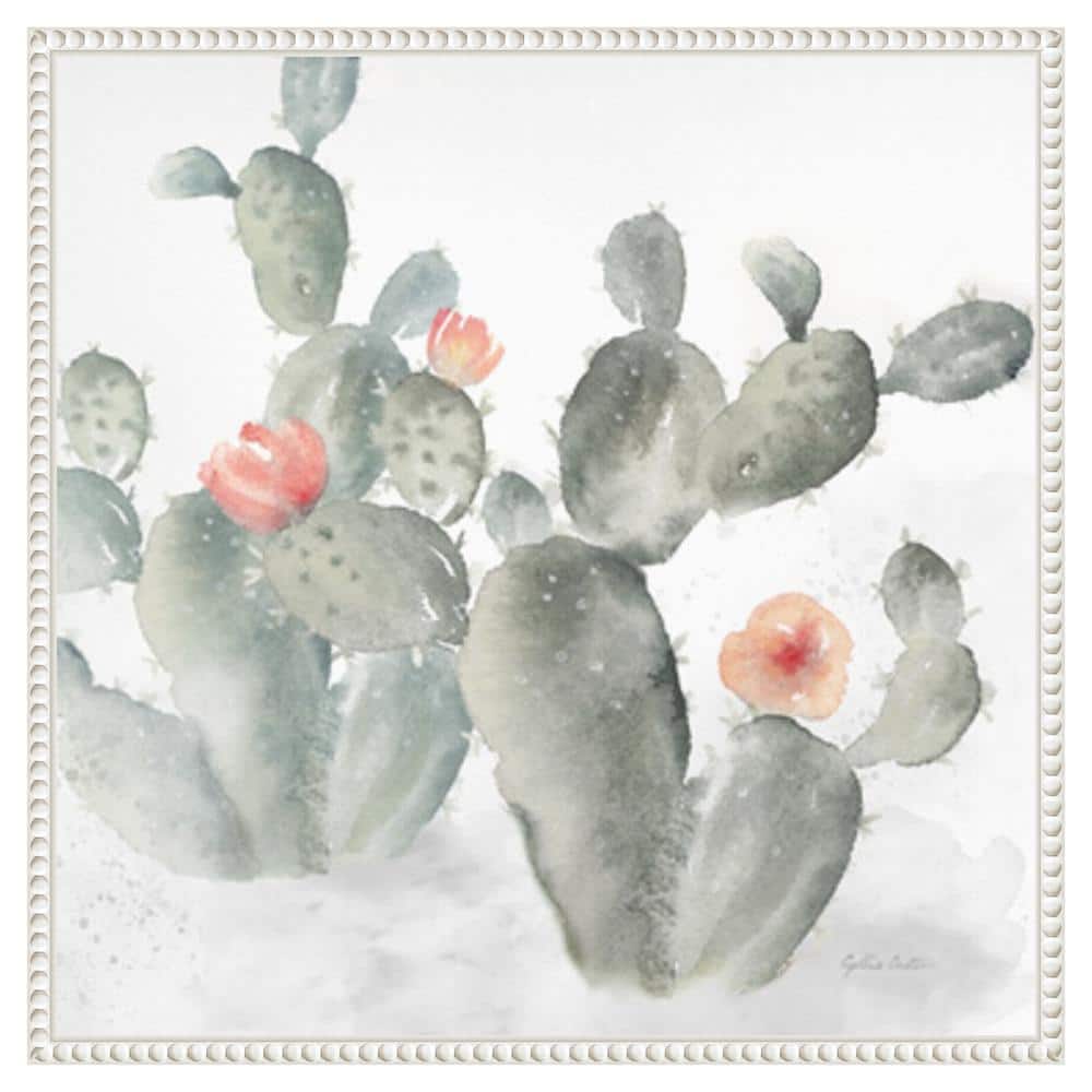 Cactus Garden Gray Blush III Watercolor Canvas Print with White Floater Frame