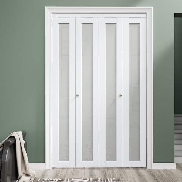 48 in. x 80 in. 1-Lite Frosted Glass Solid Core MDF White Finished Closet Bi-fold Door with Hareware