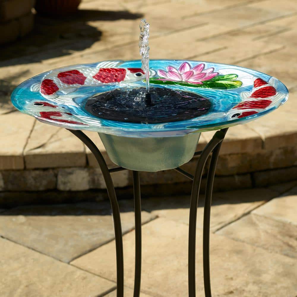 Hand-Painted Glass Koi Solar Birdbath with Steel Stand