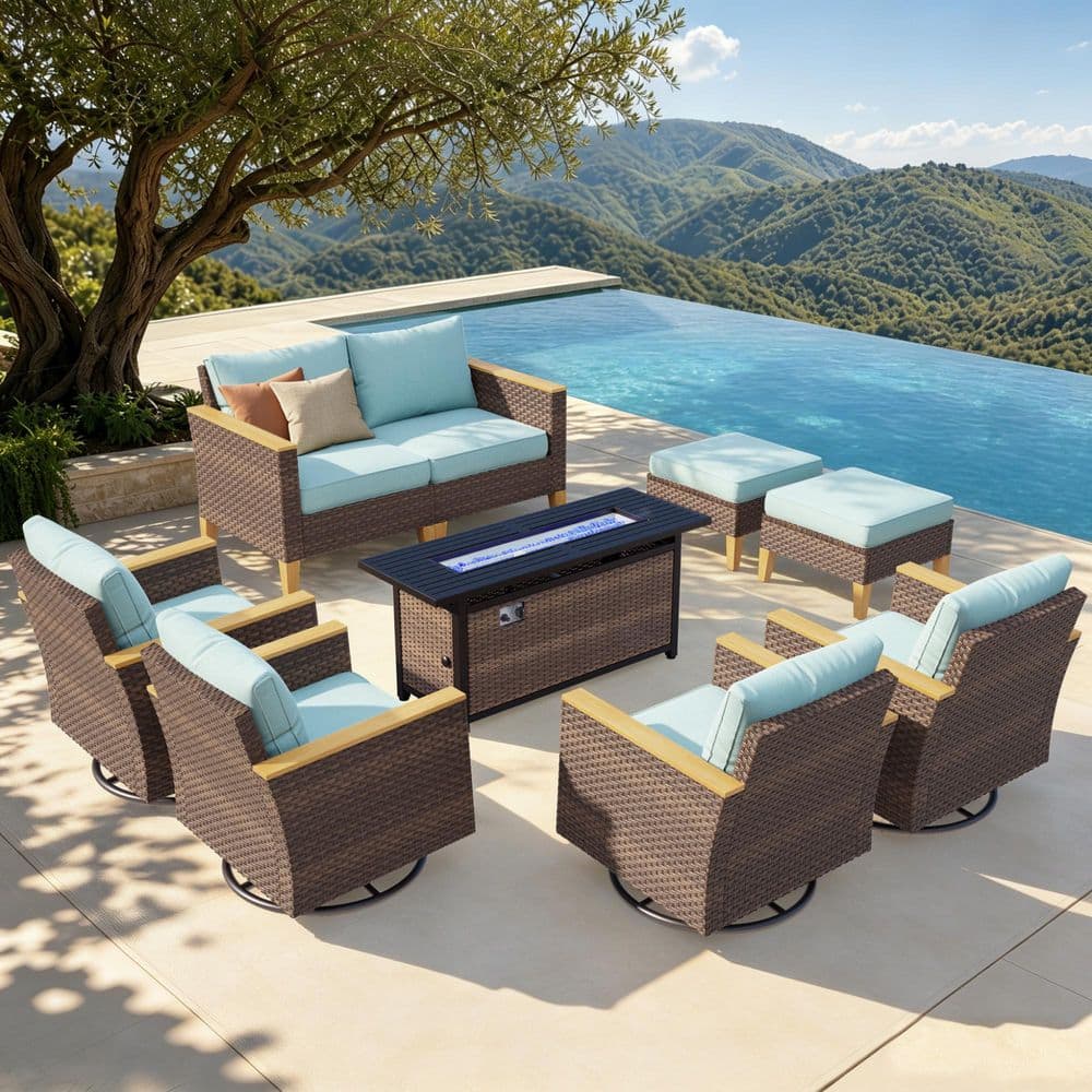 Brown Rattan Wicker 8-Seat 9-Piece Steel Outdoor Fire Pit Patio Set with Blue Cushions,4 Swivel Sofas and 2 Ottomans price history on PriceWatchPro