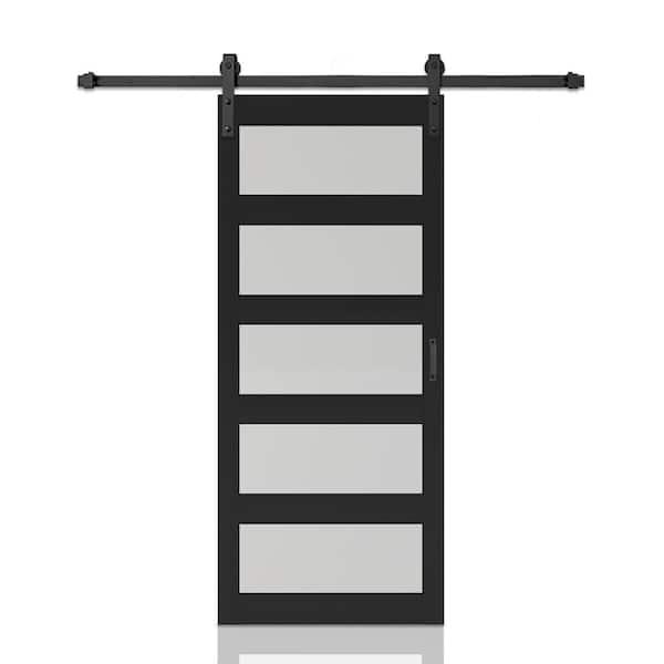 36 in. x 84 in. 5 Lite Tempered Frosted Glass Black Finished Composite Interior Sliding Barn Door with Hardware Kit