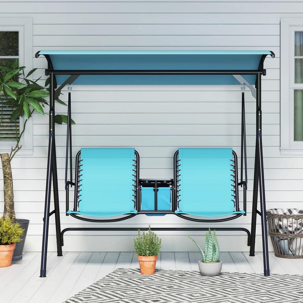 Blue 2-Person Outdoor Swing with Adjustable Canopy and Storage