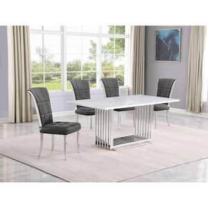 Lisa 5-Piece Rectangular White Marble Top Chrome Base Dining Set with Dark Gray Velvet Chairs Seats 4