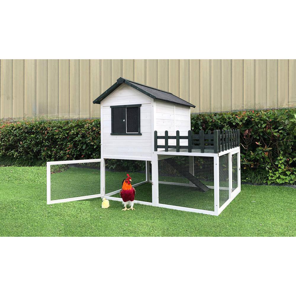 White and Black Elevated Wooden Chicken Coop with Ramp and Wire Mesh Run