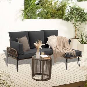 3-Piece L-Shaped Wicker Patio Conversation Set with Gray Cushions and Table