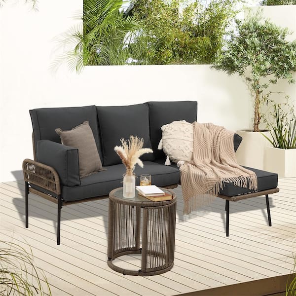 Unbranded 3-Piece L-Shaped Wicker Patio Conversation Set with Gray Cushions and Table