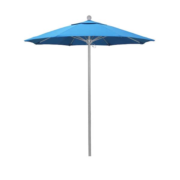 California Umbrella 7.5 ft. Grey Woodgrain Aluminum Commercial Market Patio Umbrella Fiberglass Ribs and Push Lift in Canvas Cyan Sunbrella