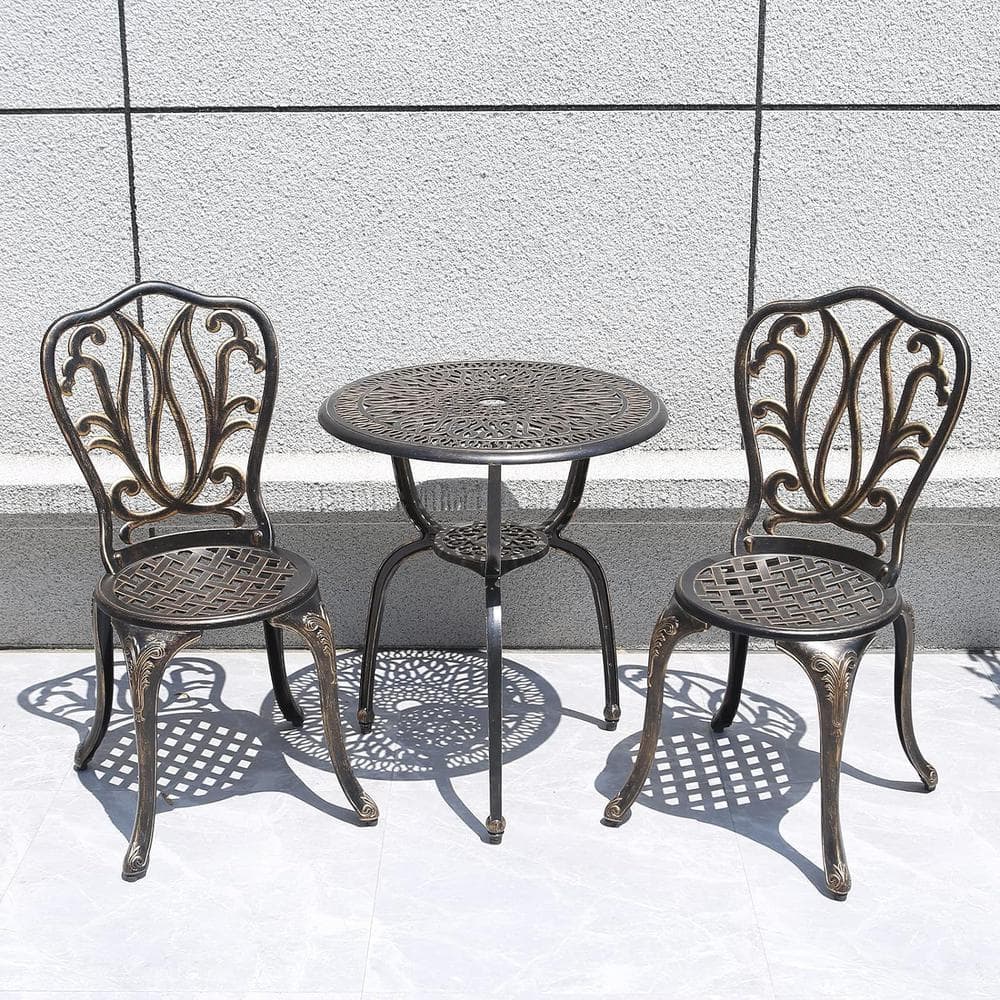 Antique Copper 3-Piece Cast Aluminum Outdoor Bistro Set for Park Yard Front