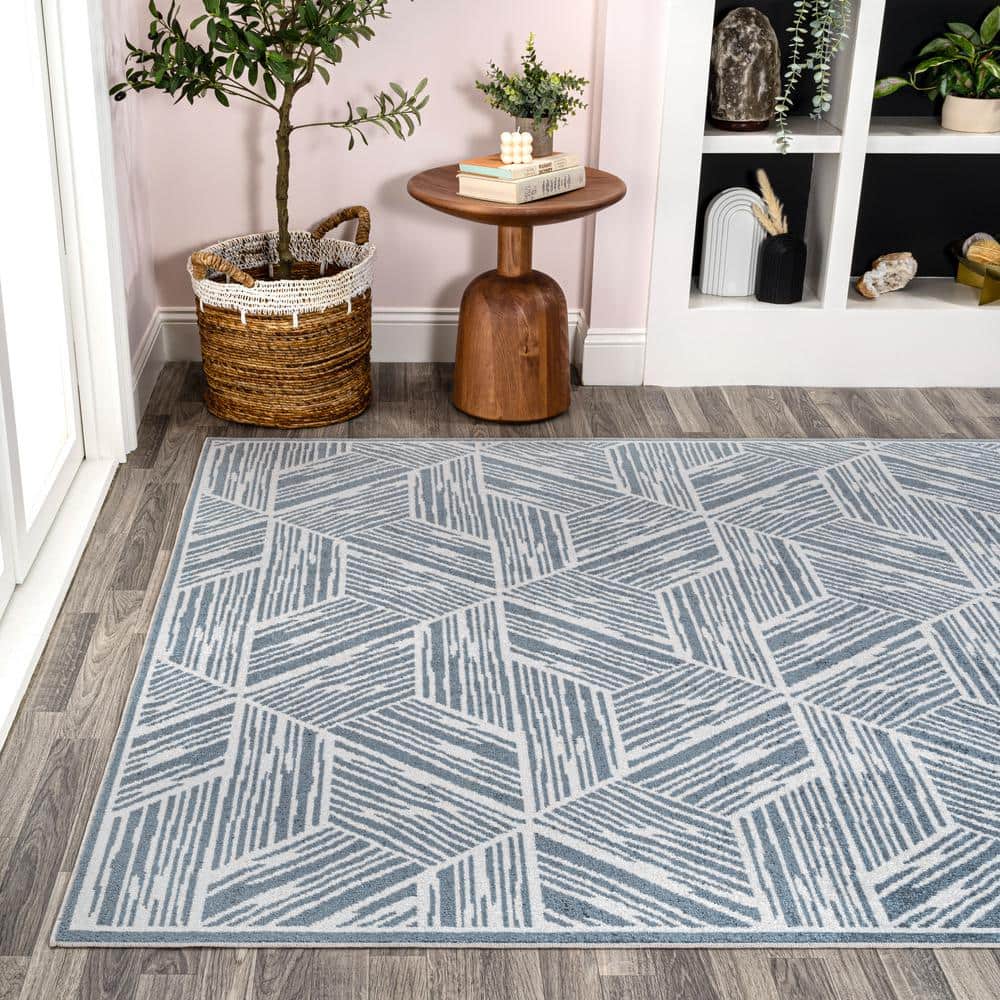 Blue and Cream Geometric Machine-Washable 4' x 6' Area Rug