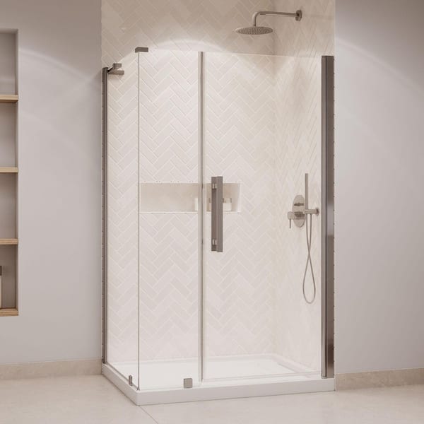 OVE Decors Pasadena 48 in. L x 36 in. W x 72.01 in. H Corner Shower Kit with Pivot Frameless Door in Satin Nickel and Shower Pan