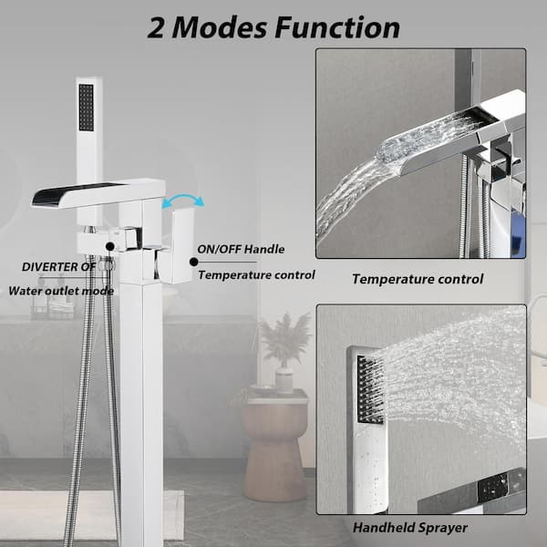 2-Handle Freestanding Waterfall Tub Faucet with Hand Shower in Chrome