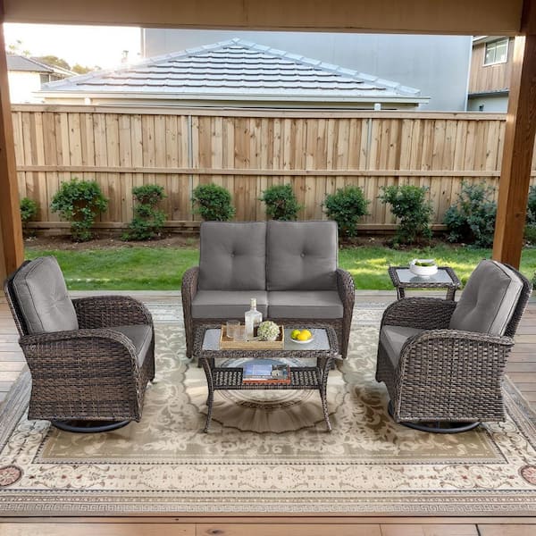 Brown 5-Piece Wicker Patio Conversation Set with Swivel Rockers, Outdoor Glider Seating Set with Gray Cushions