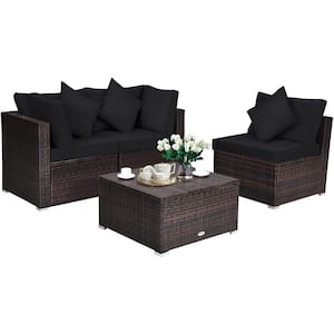 4-Piece Brown Wicker Patio Conversation Set with Black Cushions