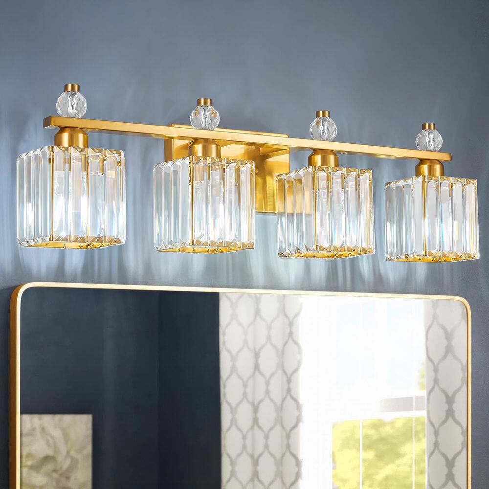 Home Lighting 28.34 in. 4-Light Gold Square Modern Crystal Vanity Light Fixtures Over Mirror For Bathroom (JW-290) price history on PriceWatchPro