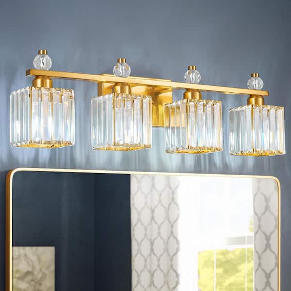 Home Lighting 28.34 in. 4-Light Gold Square Modern Crystal Vanity Light Fixtures Over Mirror For Bathroom (JW-290)