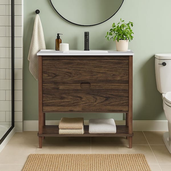 Ellery 36.02 in. Single Sink Freestanding Walnut Bath Vanity with White Ceramic Integrated Square Top